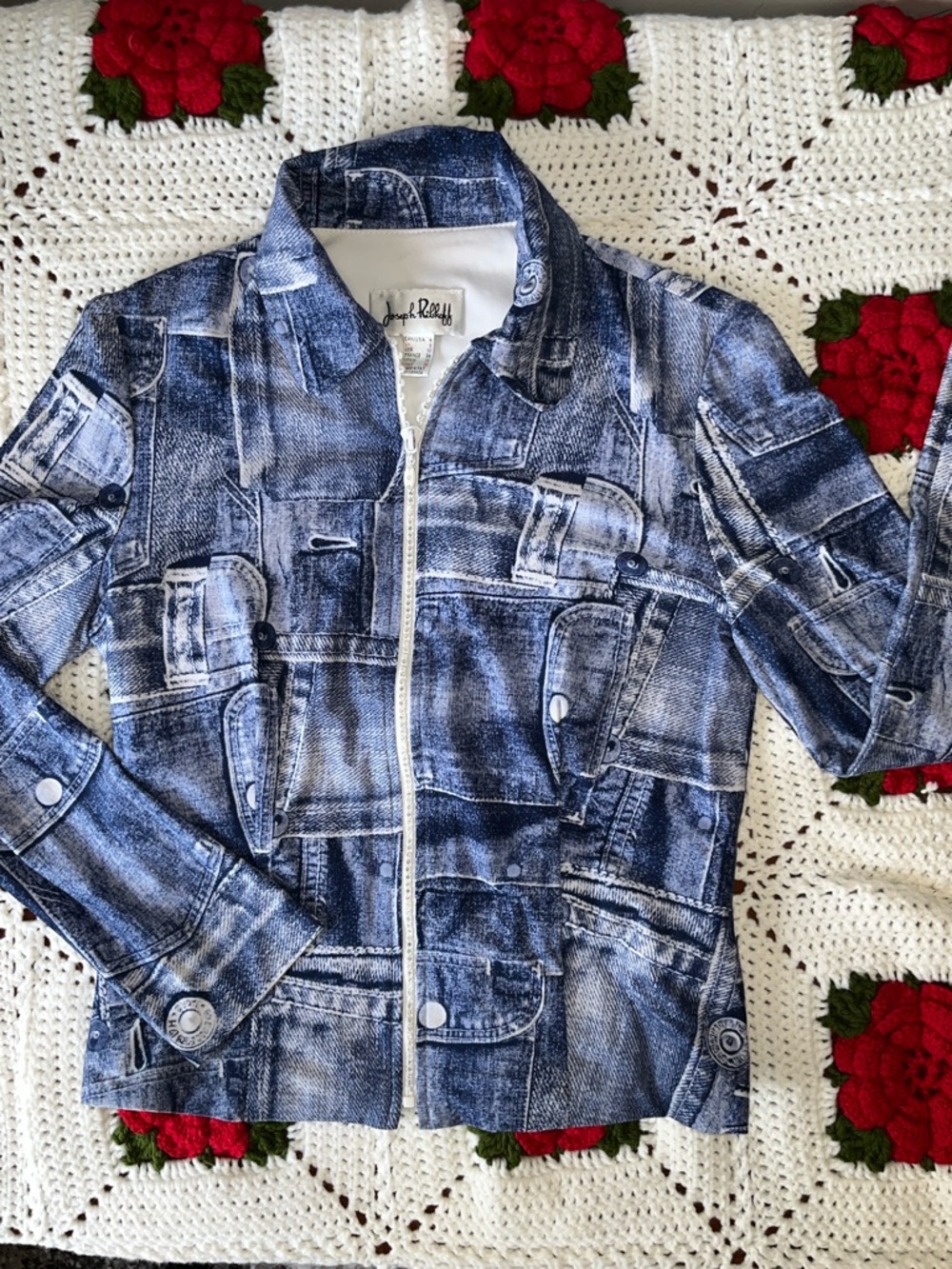 Joseph Ribkoff Blue “Denim” Rhinestone Zip Jacket Spandex Blend NWOT